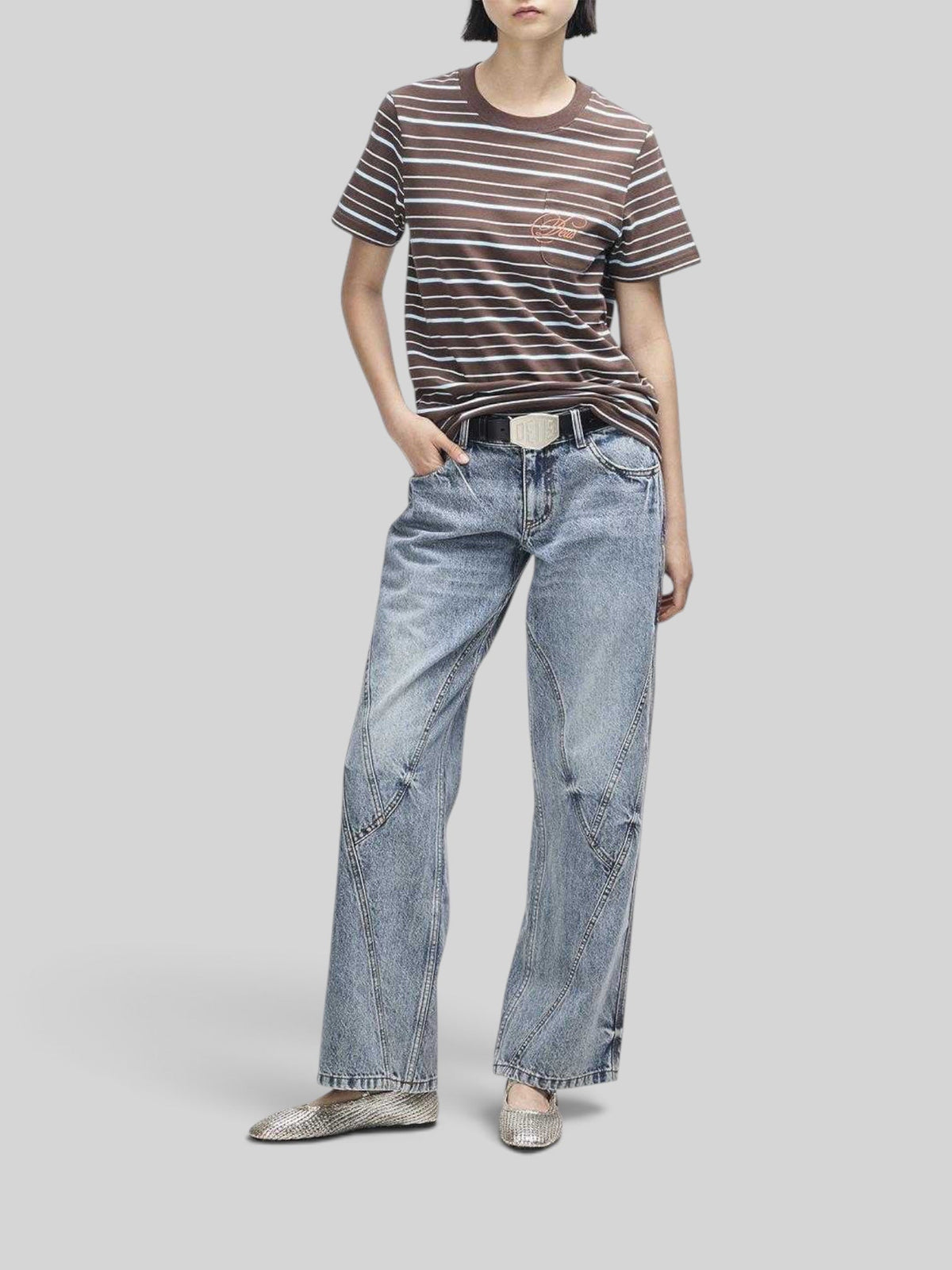 Baffle Haus Pierre stripe tee in java brown and baby blue cotton with a chest pocket and contrast embroidery