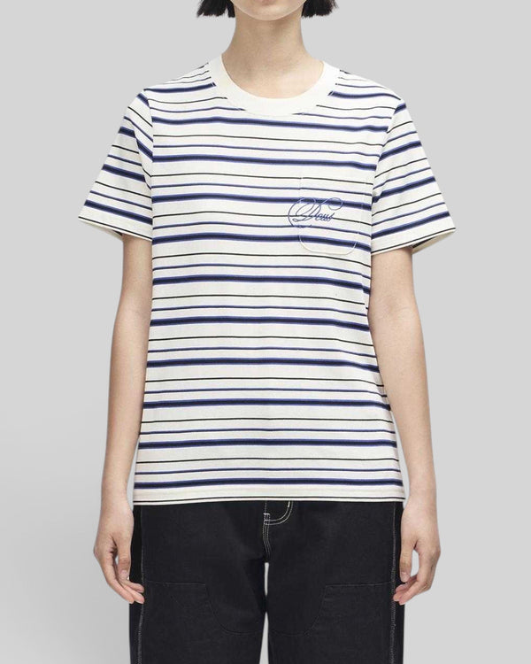 Baffle Haus Pierre stripe tee in cream and blue cotton with a chest pocket and contrast embroidery