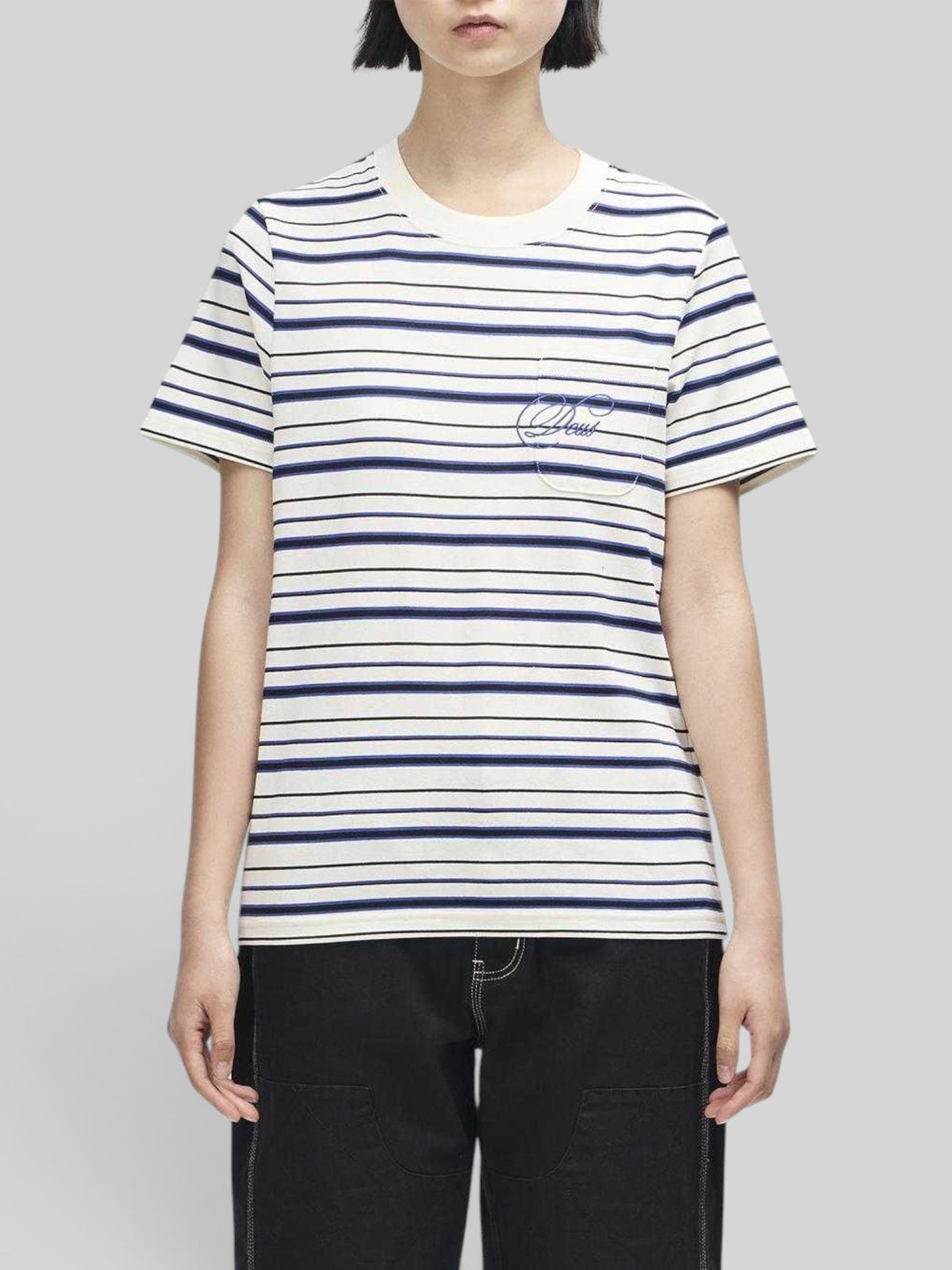 Baffle Haus Pierre stripe tee in cream and blue cotton with a chest pocket and contrast embroidery
