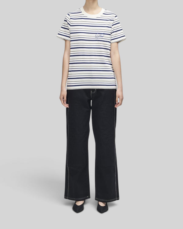 Baffle Haus Pierre stripe tee in cream and blue cotton with a chest pocket and contrast embroidery