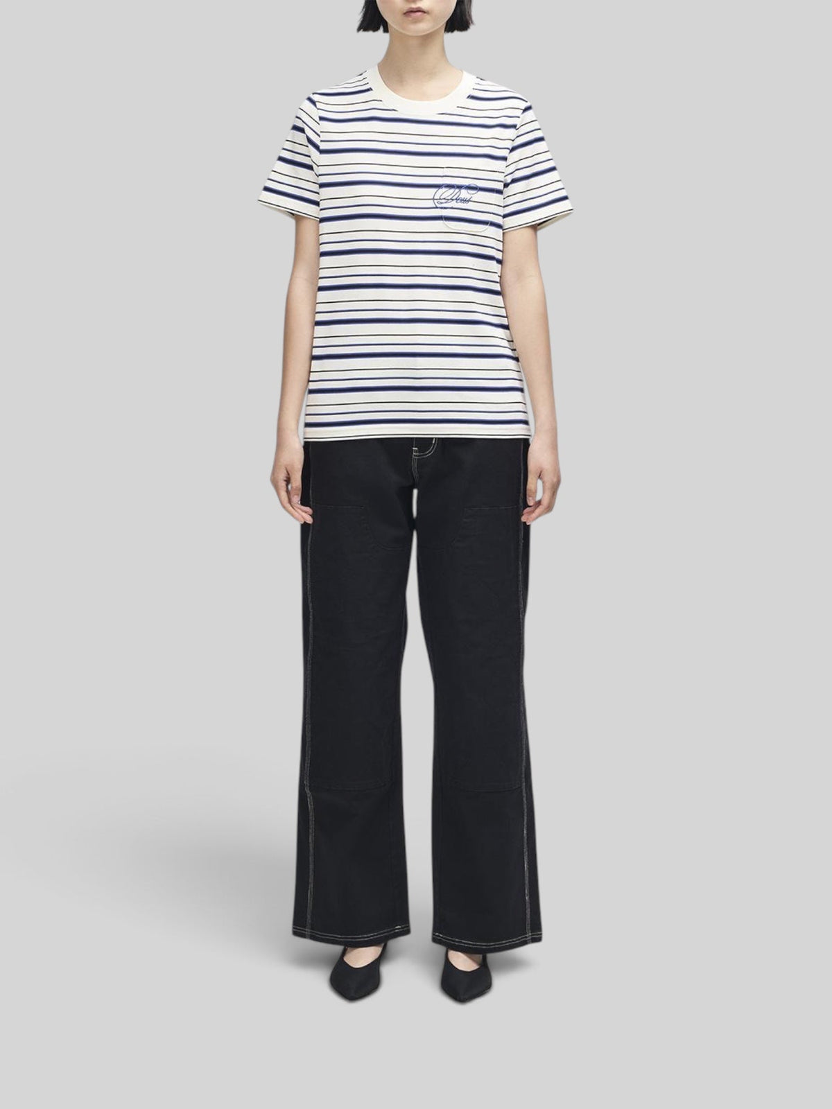 Baffle Haus Pierre stripe tee in cream and blue cotton with a chest pocket and contrast embroidery
