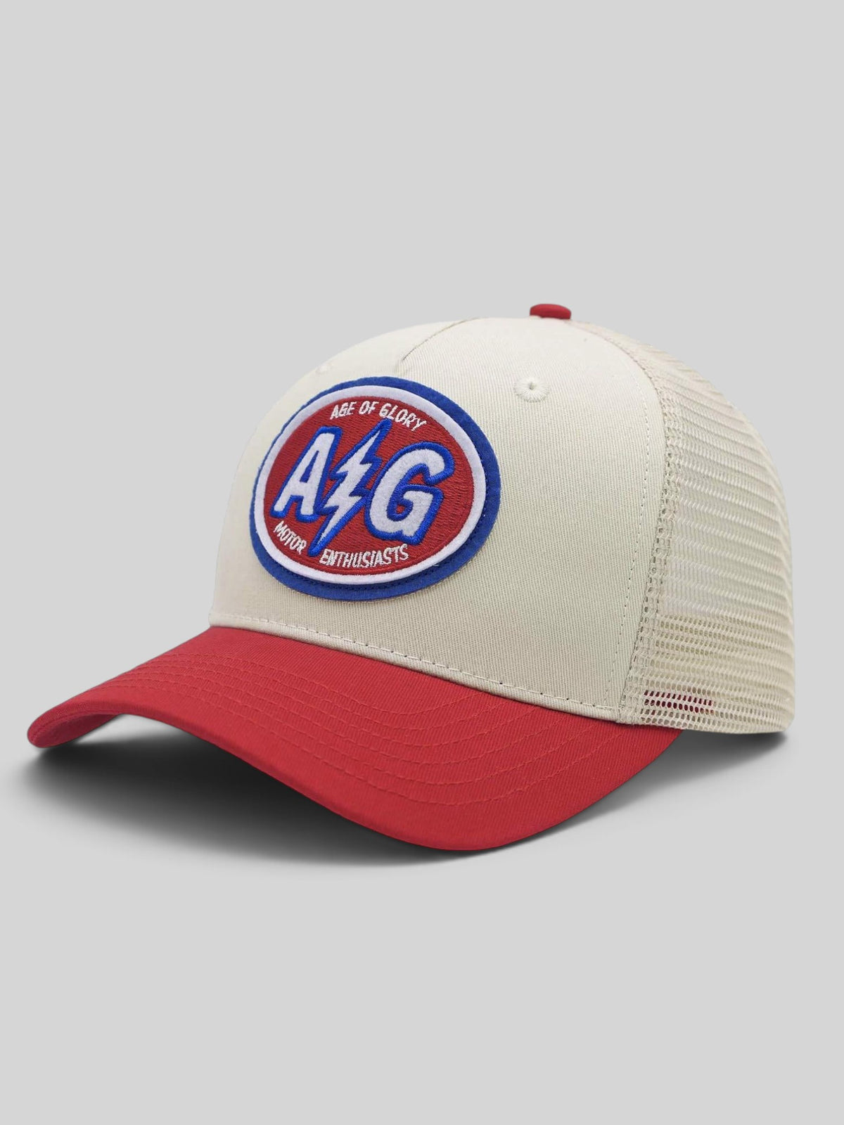 Baffle Haus Pilot cap in white and red with a vintage racing team patch, mesh back, and snapback closure.