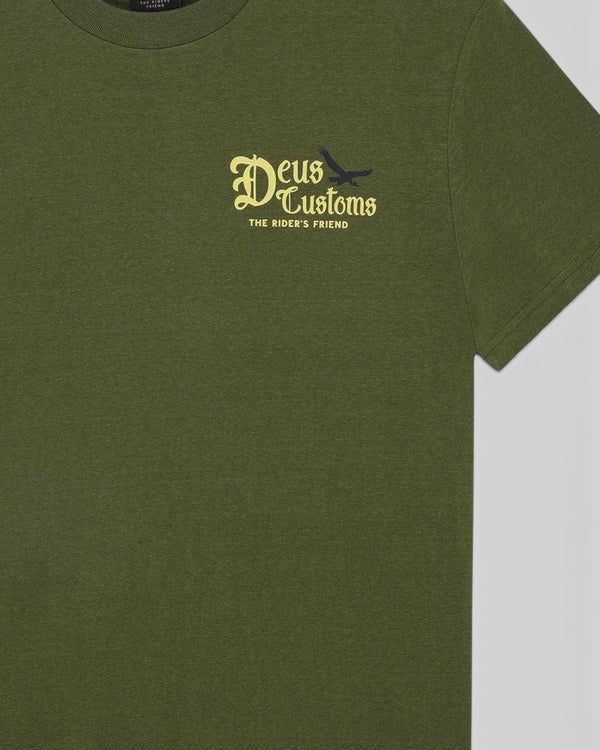 Baffle Haus Beep-Beep pine green box fit t-shirt with Deus Customs graphic print on the chest