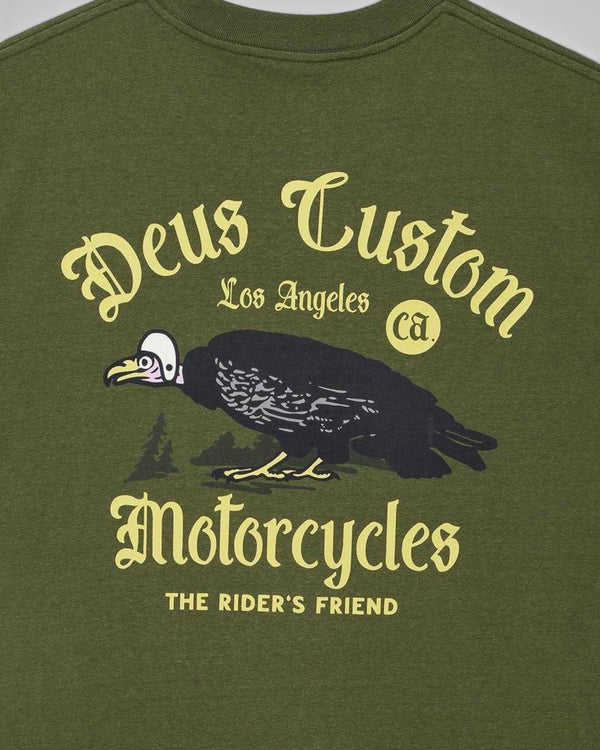 Baffle Haus Beep-Beep pine green t-shirt featuring a back graphic of a vulture with Deus Custom Motorcycles text
