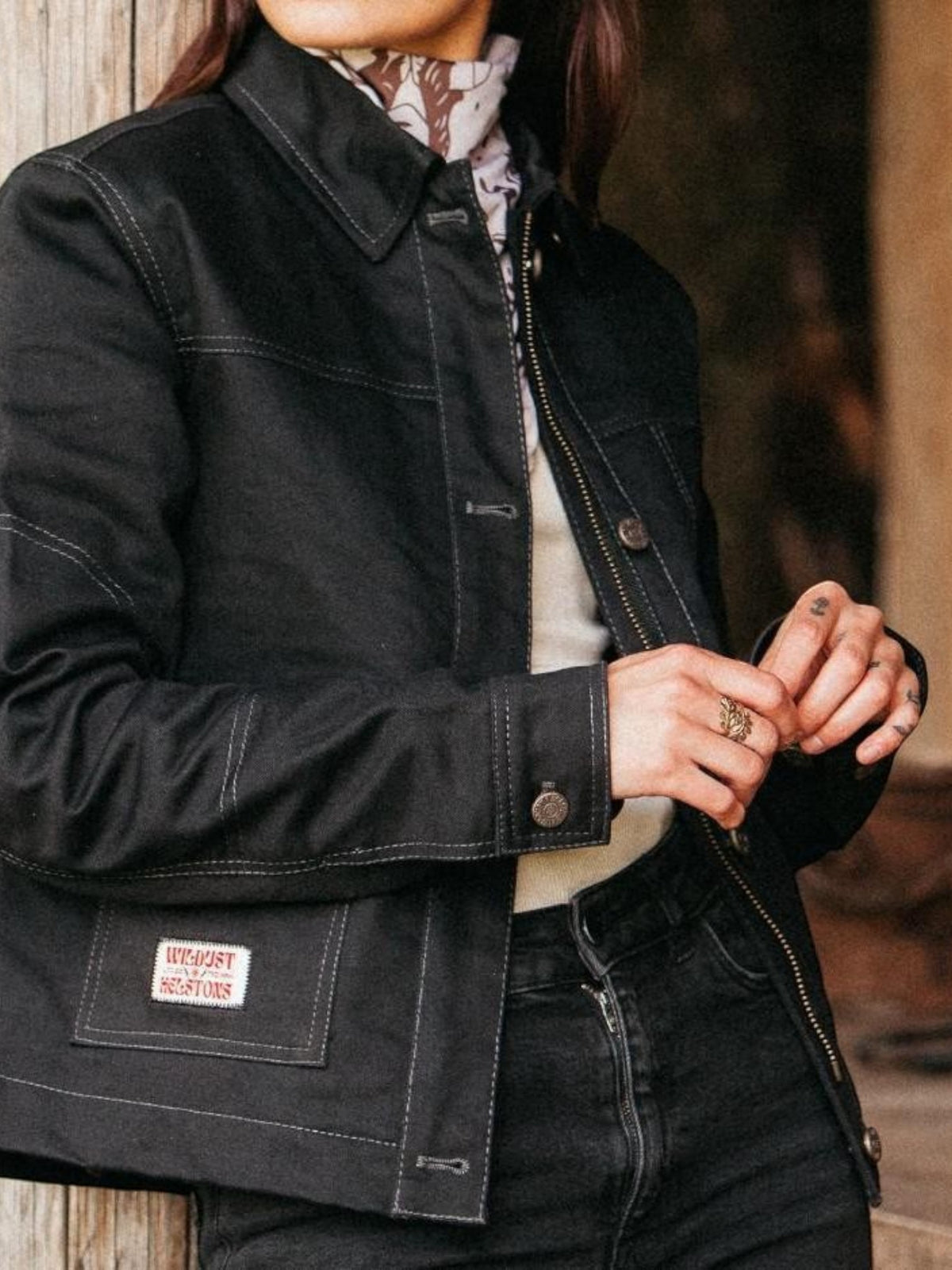 Baffle Haus Pioneer black reinforced cotton motorbike jacket with contrasting stitching and patch pockets