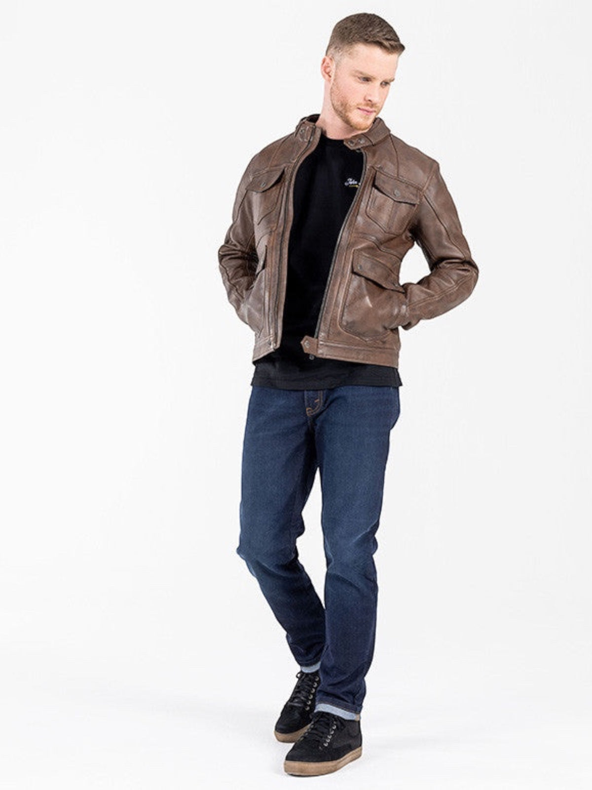 Baffle Haus Pioneer dark blue slim-fit motorcycle jeans with protective XTM-Fiber denim worn by a male model