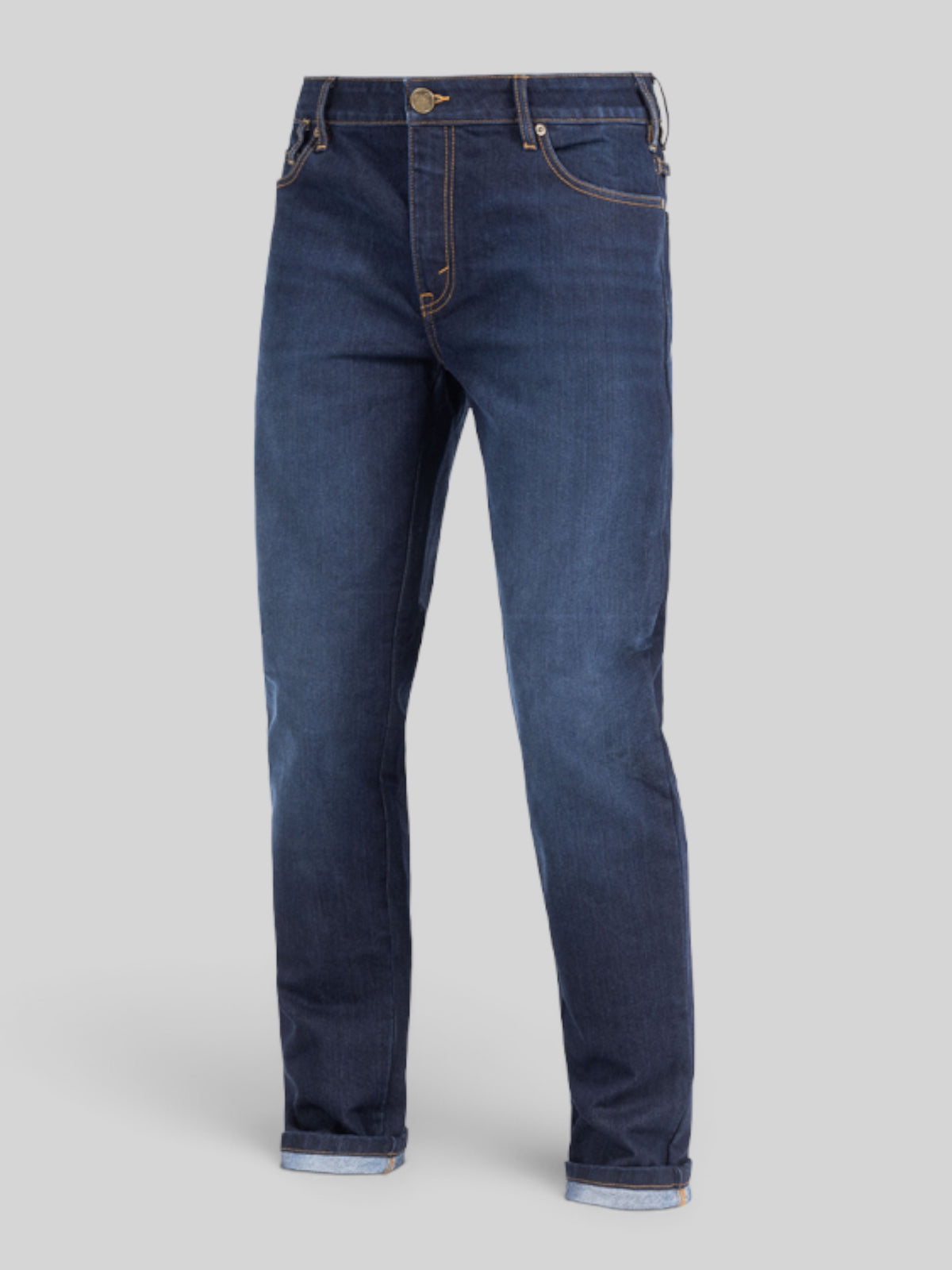 Baffle Haus Pioneer dark blue slim-fit motorcycle jeans with XTM-Fiber monolayer denim and five-pocket design.