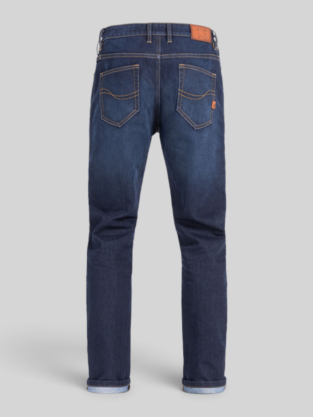 Baffle Haus Pioneer dark blue slim-fit motorcycle jeans with five-pocket design and XTM-Fiber denim, back view.