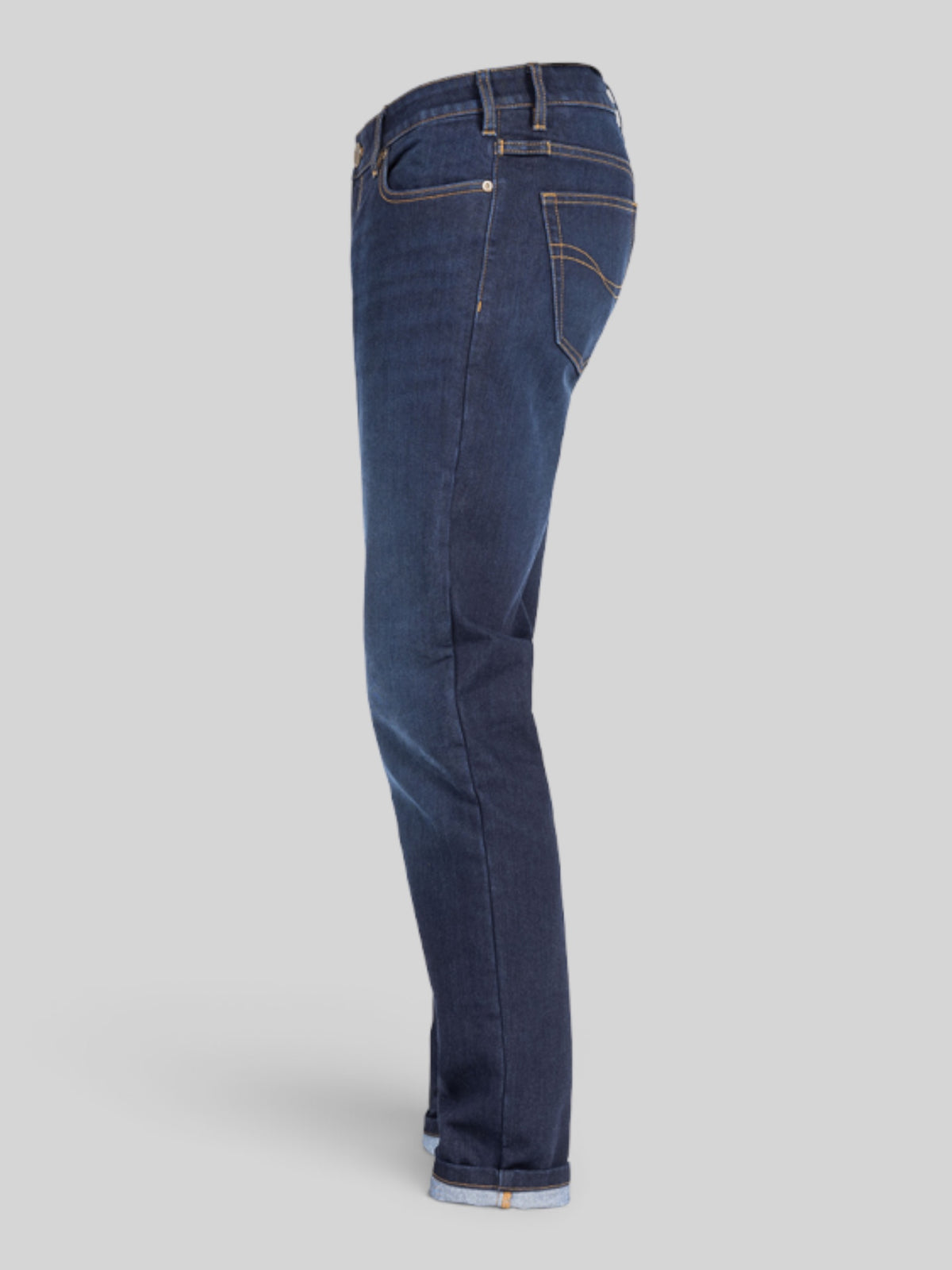 Baffle Haus Pioneer dark blue slim-fit motorcycle jeans with XTM-Fiber monolayer denim and five-pocket design.