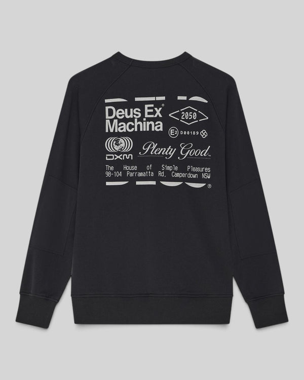 Baffle Haus Plenty Good crew neck fleece in black with white graphic print on the back and nylon sleeve panels