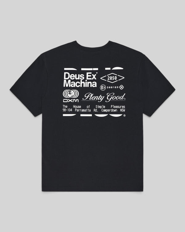 Baffle Haus Plenty Good black short sleeve t-shirt with white graphic print on the back made from organic cotton