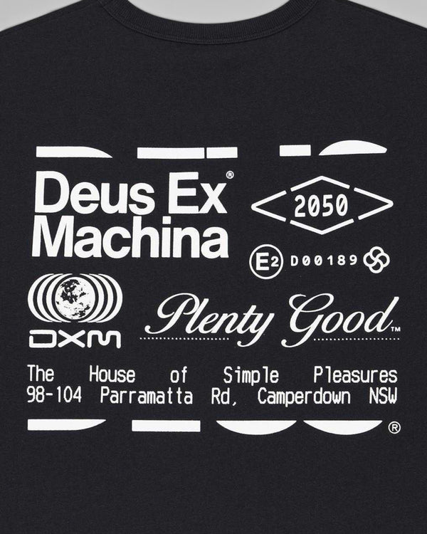 Baffle Haus Plenty Good black short sleeve t-shirt with white graphic print on chest made from organic cotton jersey