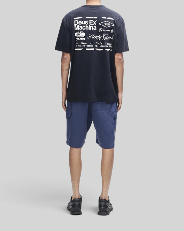 Baffle Haus Plenty Good black short sleeve cotton tee with white graphic print on back worn by a man