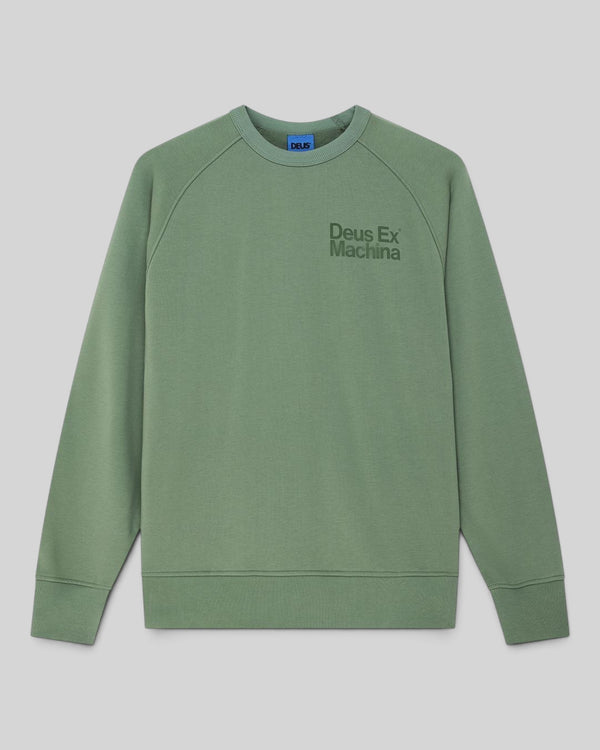 Baffle Haus Plenty Good Crew in loden frost green with crew neck, long sleeves, and chest logo print.