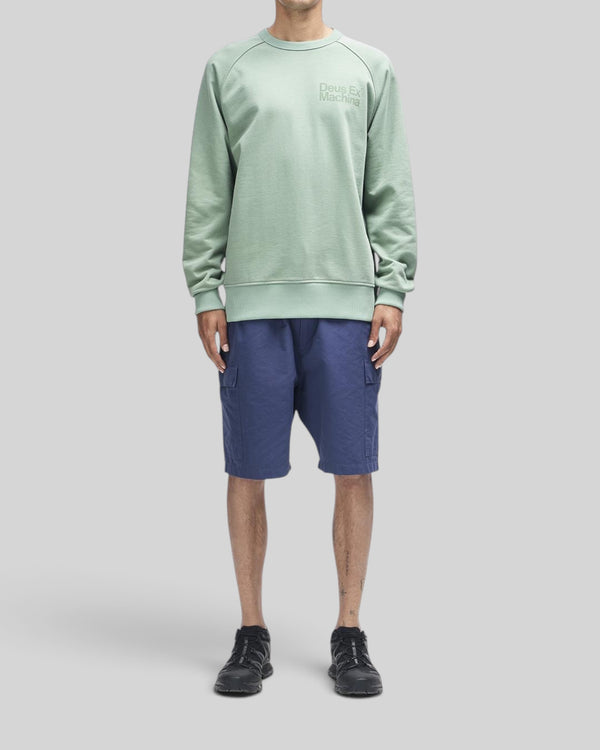 Baffle Haus Plenty Good Crew in loden frost green with chest print and nylon sleeve panels on a model