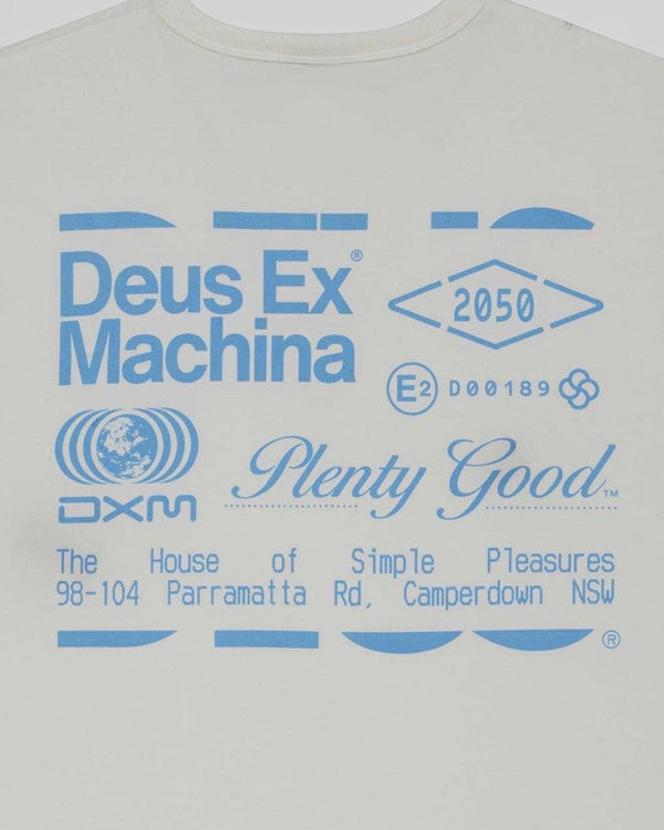 Baffle Haus Plenty Good Tee in vintage white with blue graphic print on the back featuring text and geometric icons.