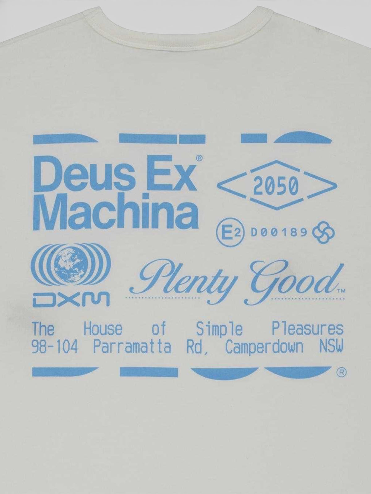 Baffle Haus Plenty Good Tee in vintage white with blue graphic print on the back featuring text and geometric icons.