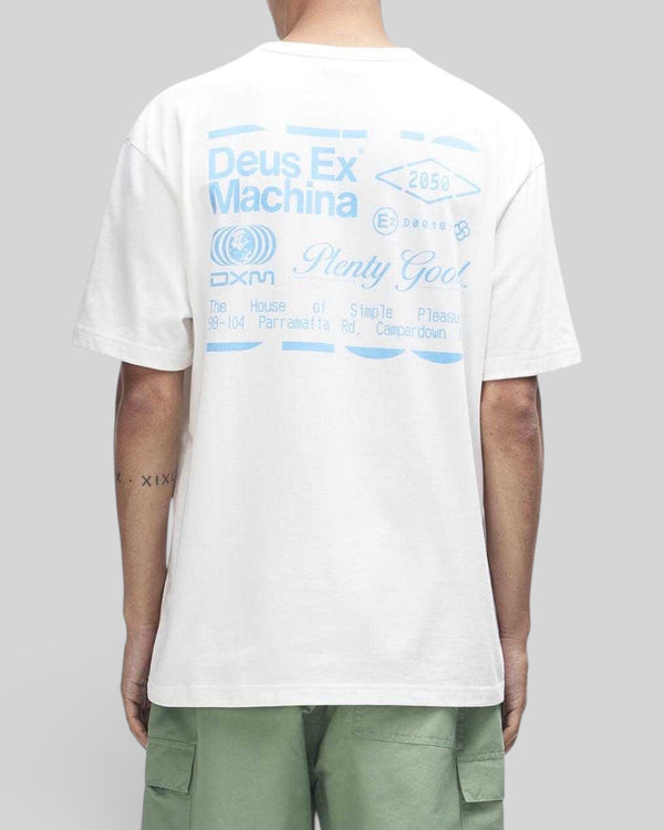 Baffle Haus Plenty Good Tee in vintage white featuring a blue graphic print on the back, made from organic cotton.
