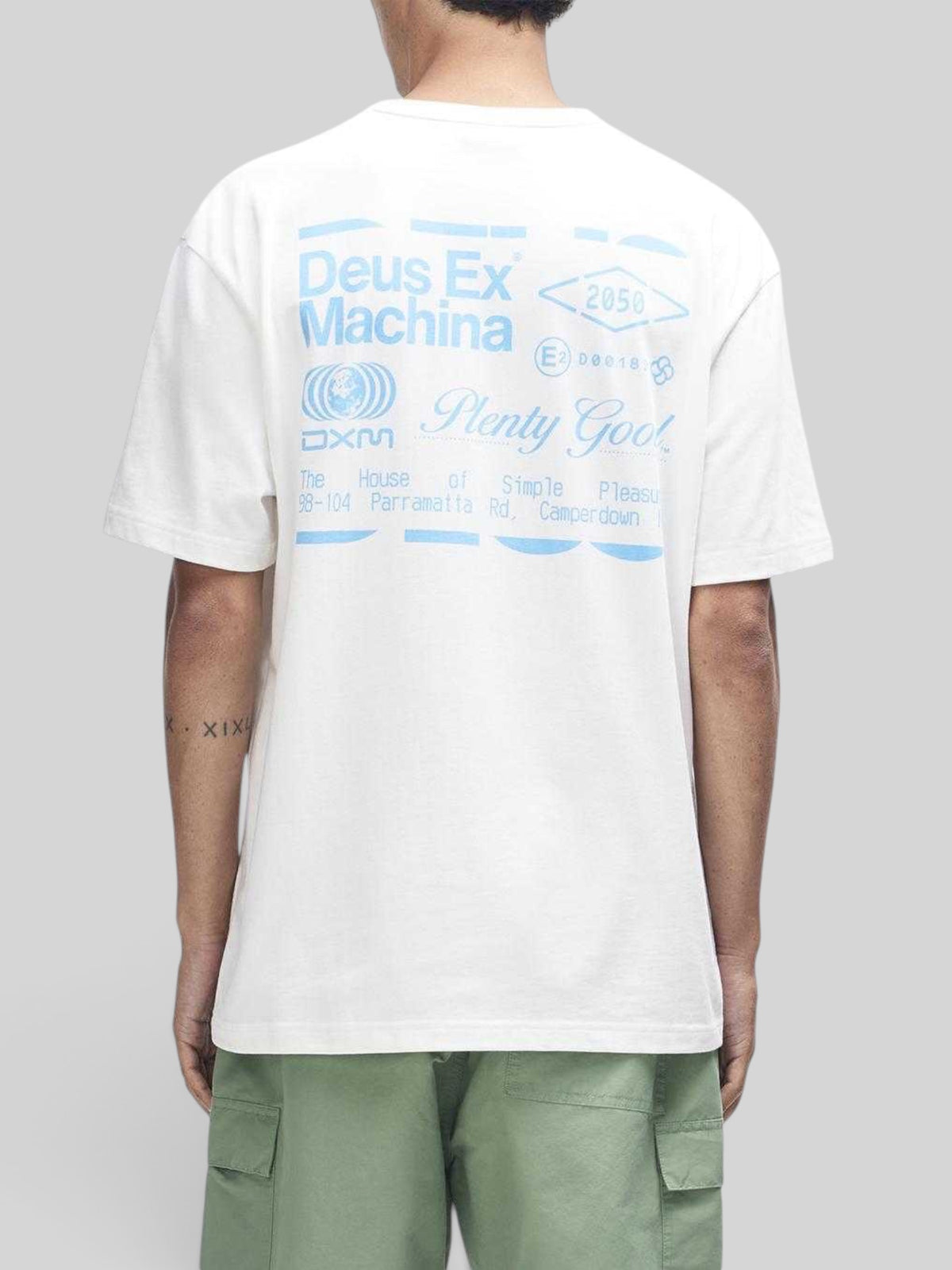 Baffle Haus Plenty Good Tee in vintage white featuring a blue graphic print on the back, made from organic cotton.