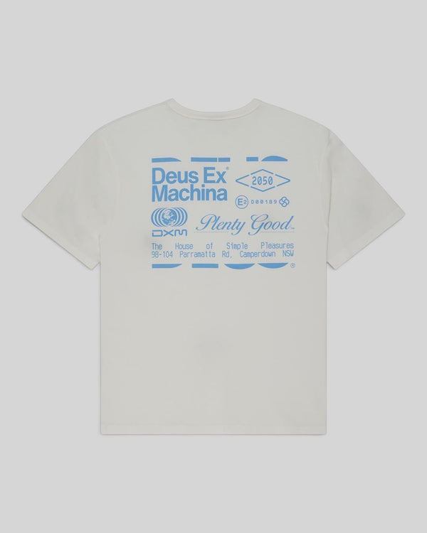 Baffle Haus Plenty Good Tee in vintage white organic cotton with blue graphic print on the back