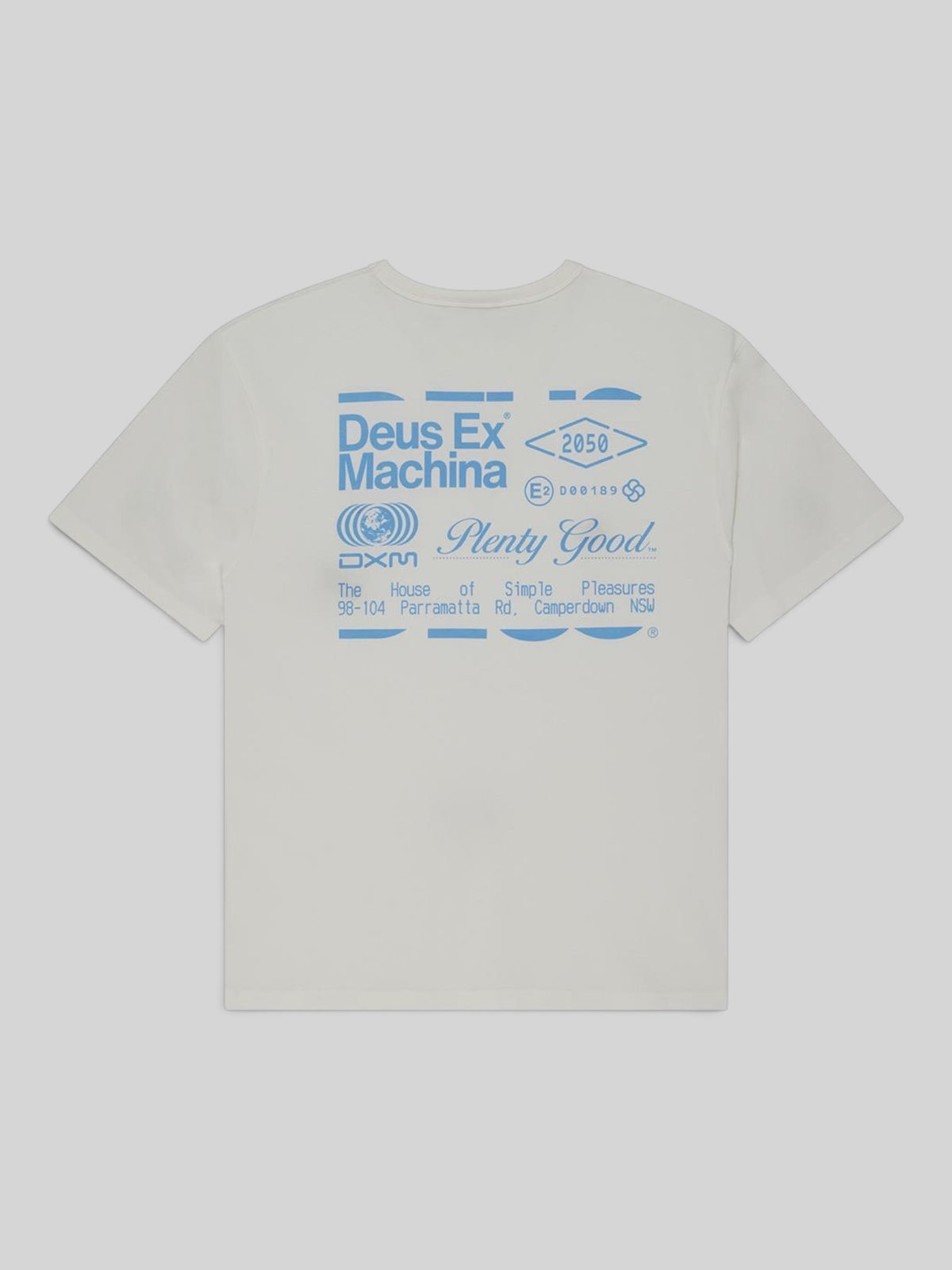Baffle Haus Plenty Good Tee in vintage white organic cotton with blue graphic print on the back