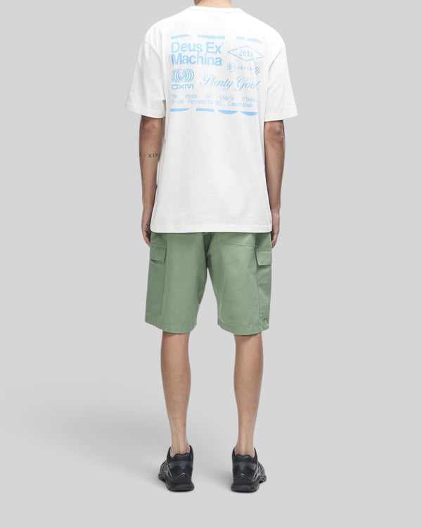 Baffle Haus Plenty Good vintage white cotton t-shirt with back graphic print worn with green cargo shorts
