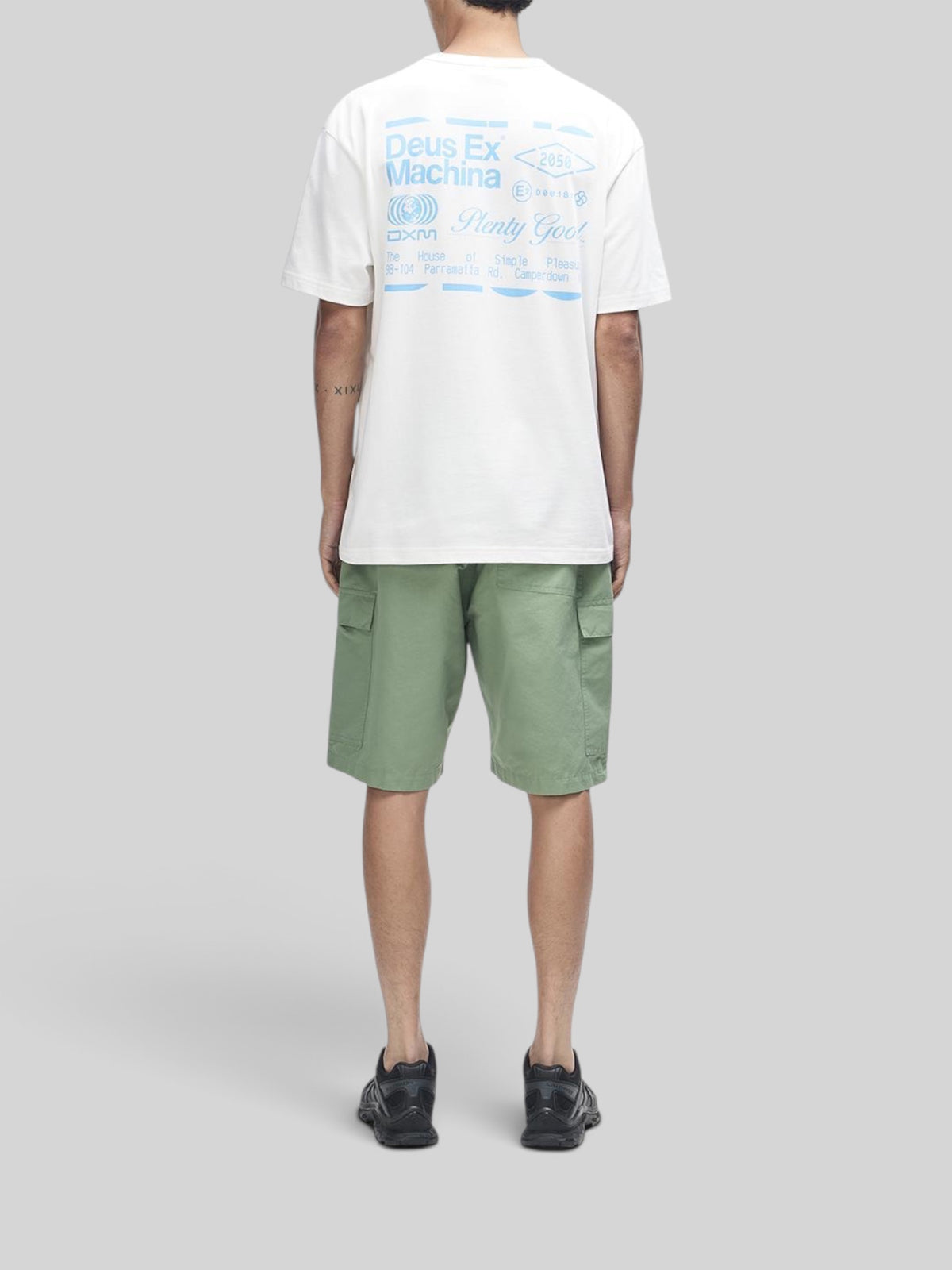 Baffle Haus Plenty Good vintage white cotton t-shirt with back graphic print worn with green cargo shorts