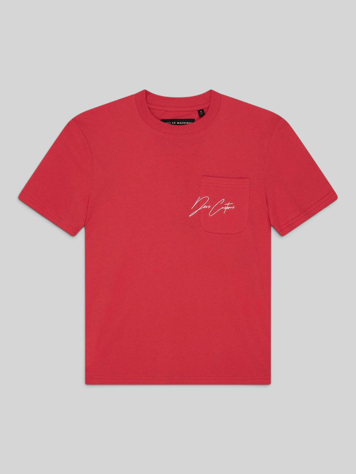 Baffle Haus Bird Scratch Tee in poinsettia red featuring a chest pocket with white Deus Ex Machina embroidery.