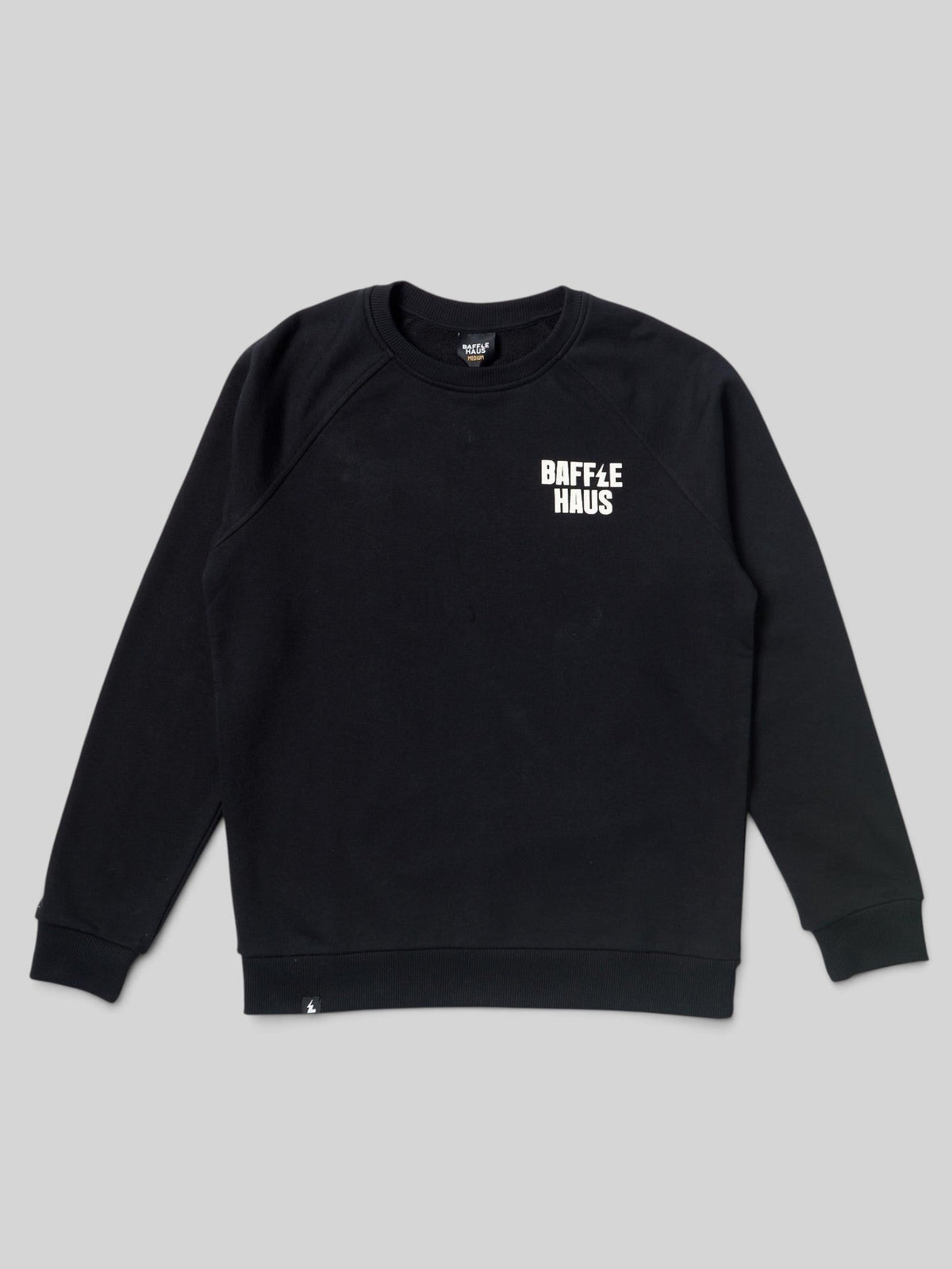 Baffle Haus Pour Decisions sweatshirt in jet black heavyweight French Terry cotton with white chest logo