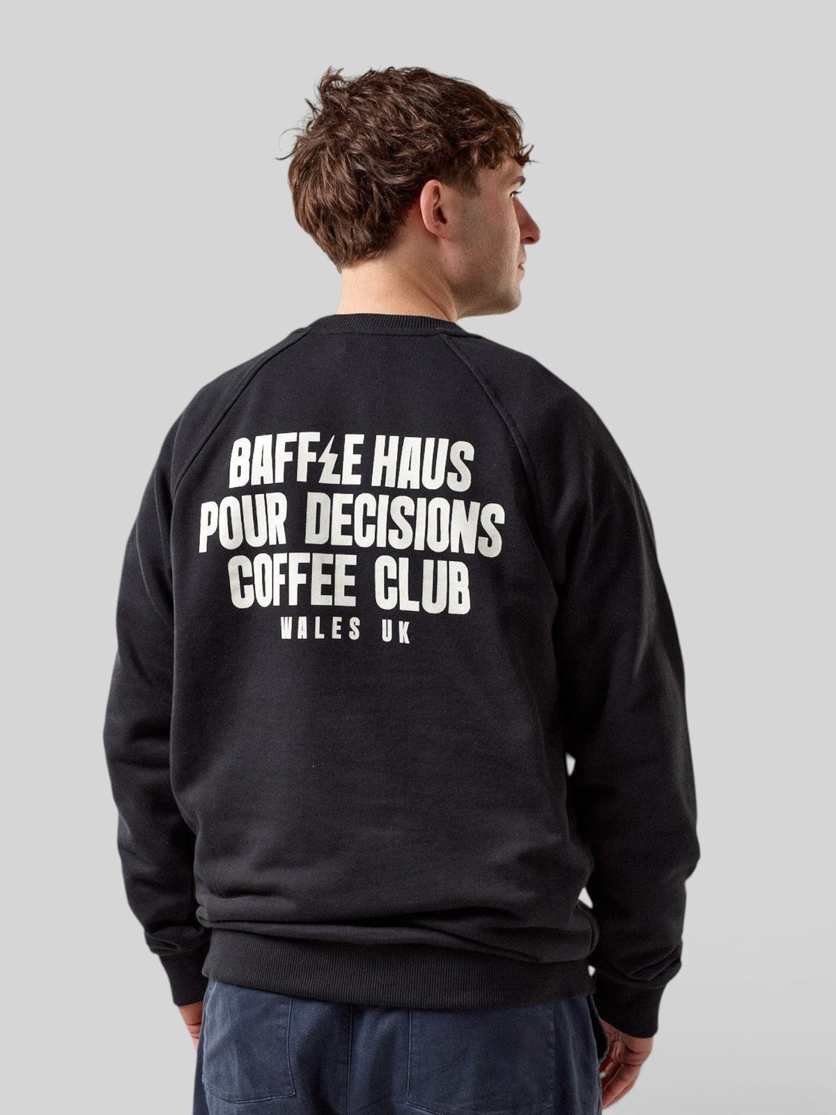 Baffle Haus Pour Decisions sweatshirt in jet black French Terry cotton with white back graphic print
