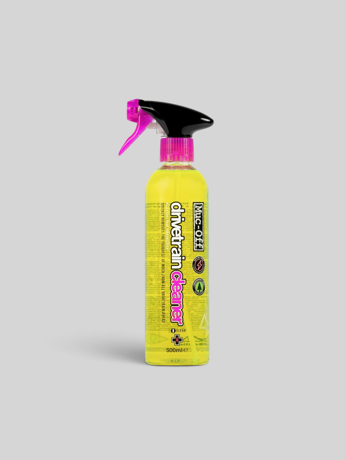 Baffle Haus 500ml Muc-Off Powersports Drivetrain Cleaner in a yellow spray bottle for motorcycle chain maintenance.