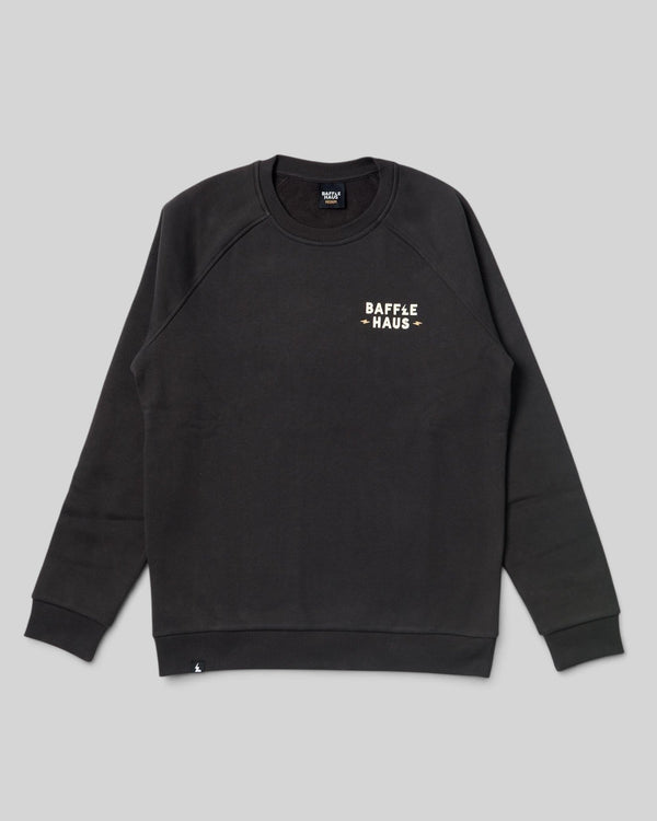 Baffle Haus Printers Ink sweatshirt in dark grey with white chest logo and ribbed crew neck