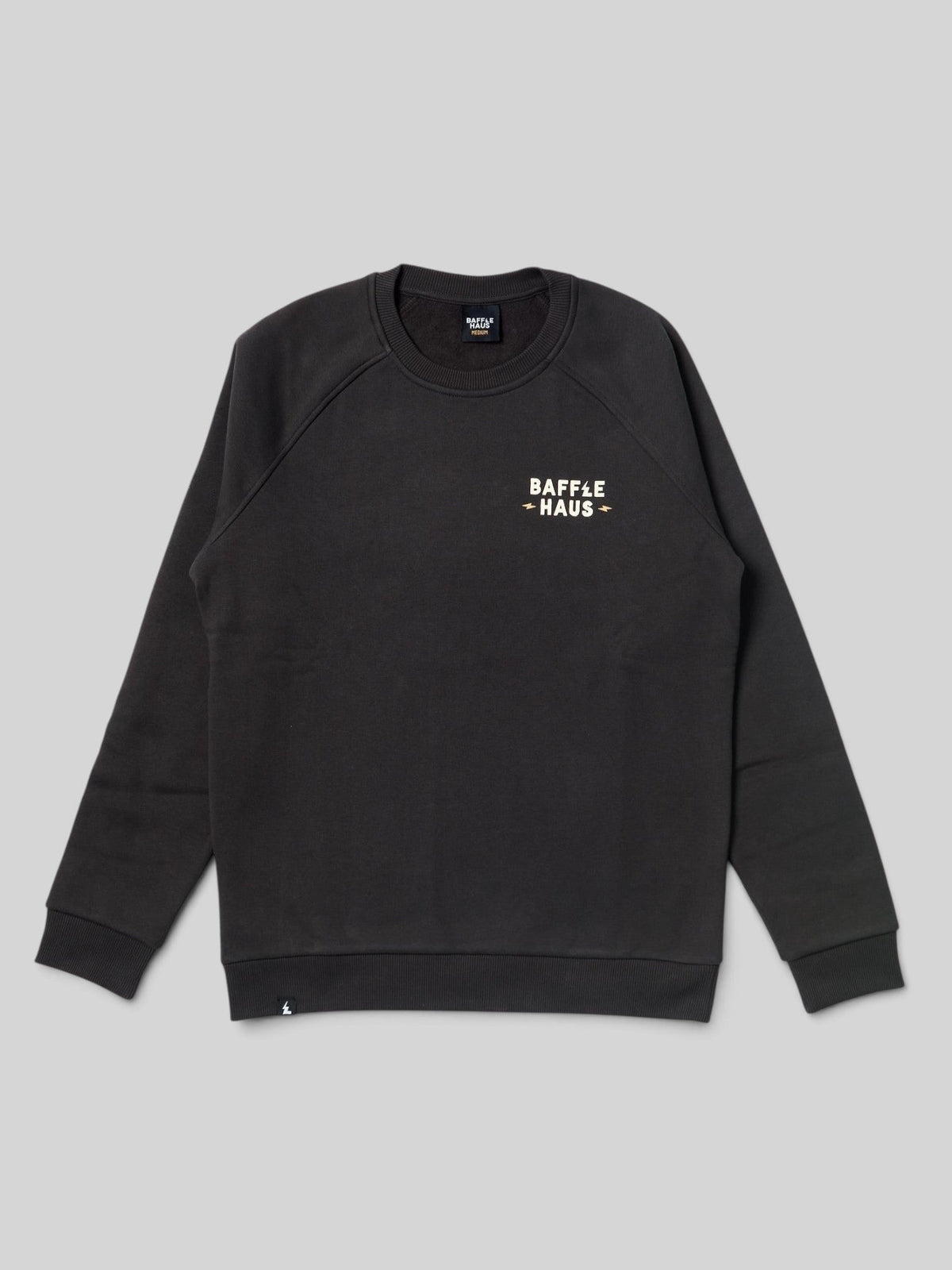 Baffle Haus Printers Ink sweatshirt in dark grey with white chest logo and ribbed crew neck