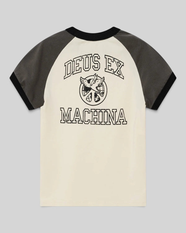 Baffle Haus slim fit raglan t-shirt in cream and grey with vintage Deus Ex Machina graphic print on the back