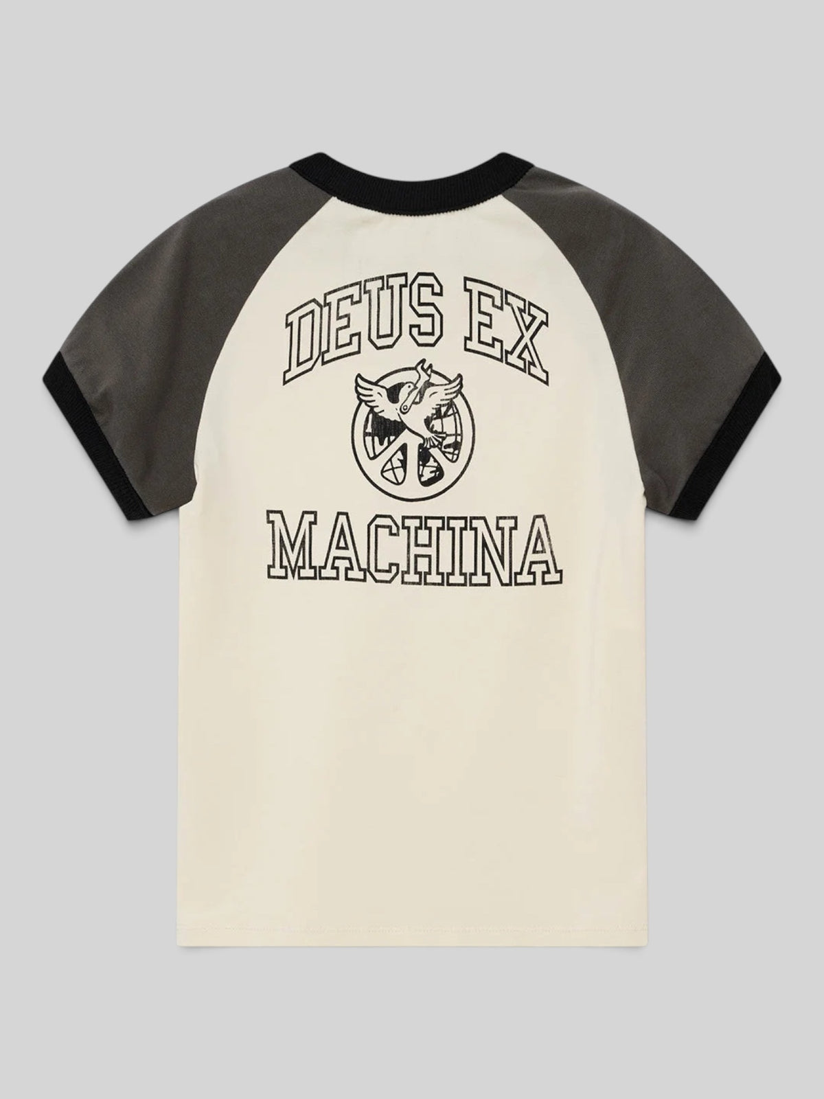 Baffle Haus slim fit raglan t-shirt in cream and grey with vintage Deus Ex Machina graphic print on the back