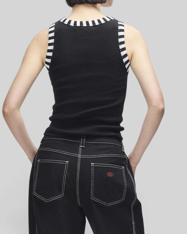 Baffle Haus Rally Shield black ribbed tank top with contrast white and black striped neck and arm trim, back view