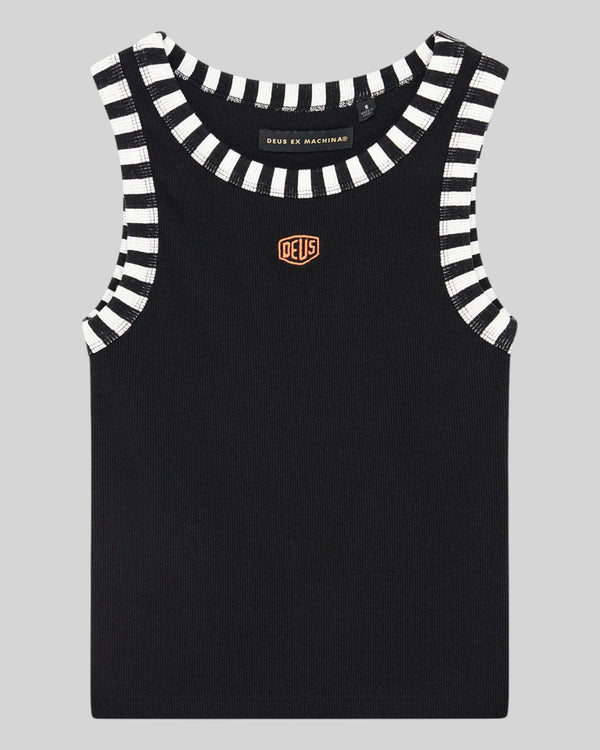 Baffle Haus Rally Shield black ribbed tank top with contrast black and white striped neck and arm hole trim.