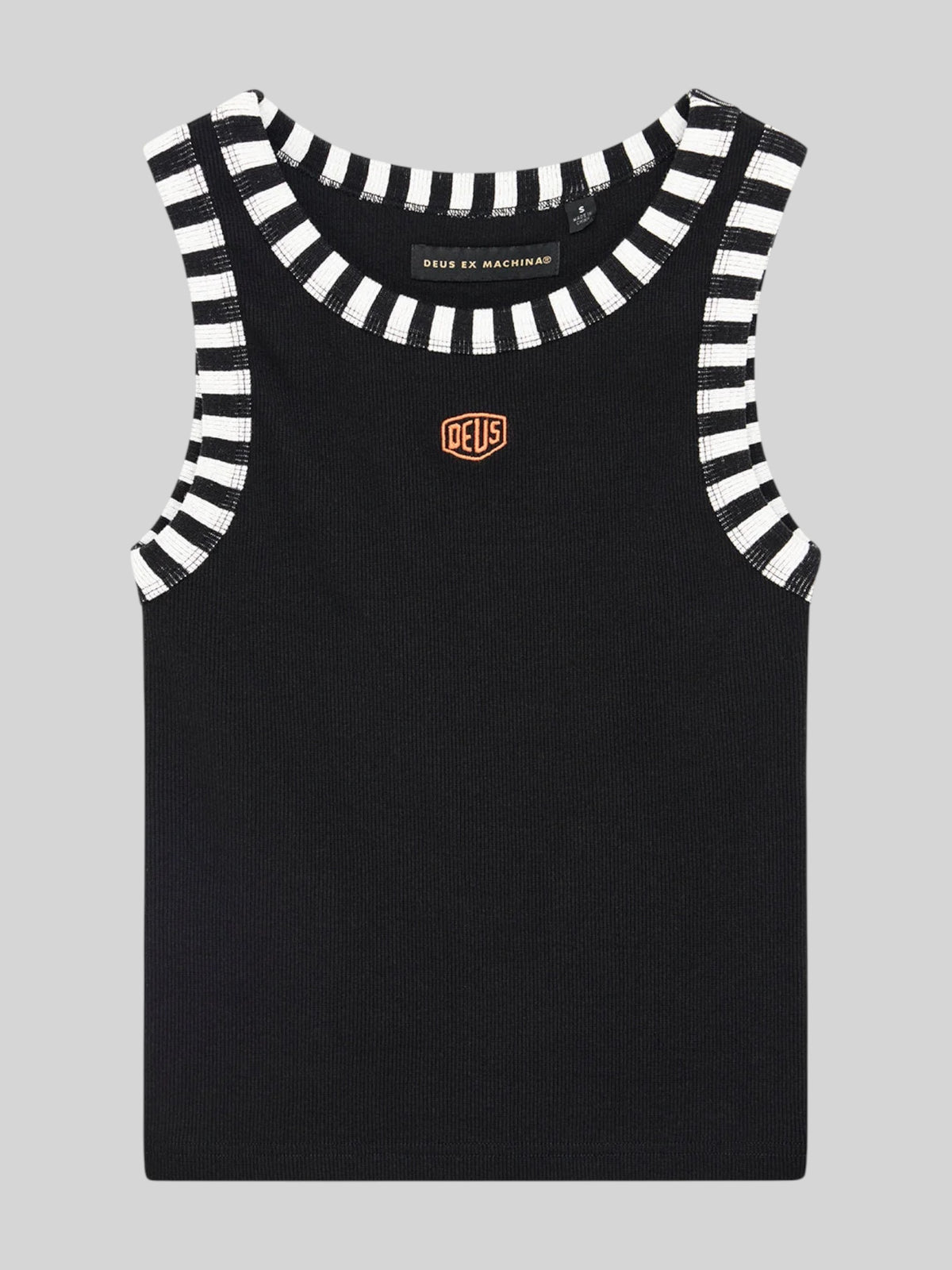 Baffle Haus Rally Shield black ribbed tank top with contrast black and white striped neck and arm hole trim.