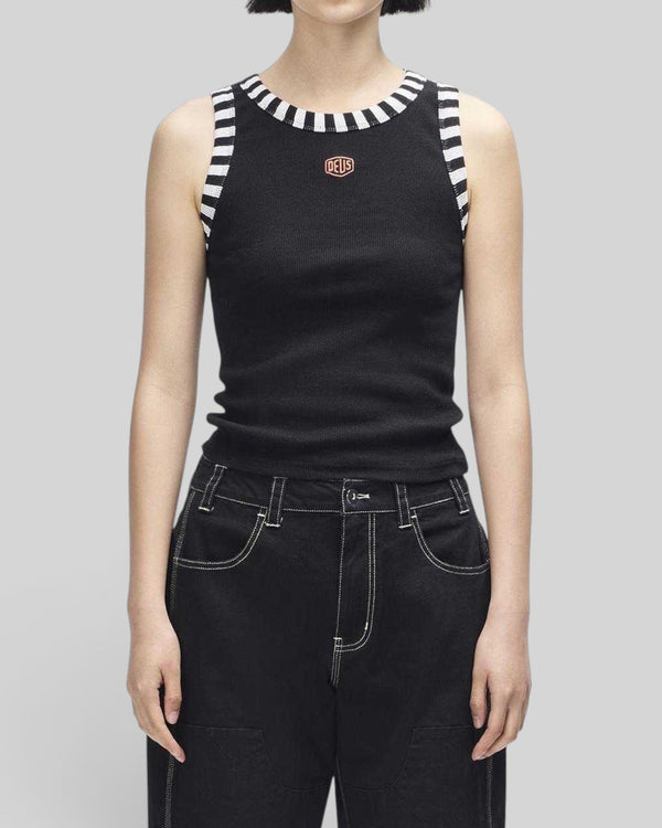 Baffle Haus Rally Shield black ribbed tank top with contrast striped neck and armhole trim and Deus shield embroidery.