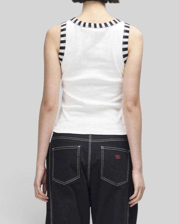 Baffle Haus Rally Shield tank in antique white with contrast black and white striped ribbed neck and arm holes