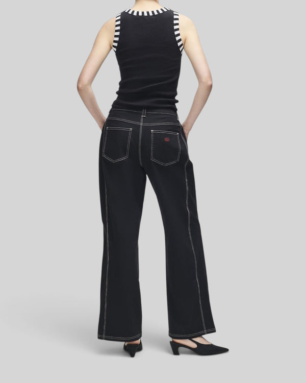 Baffle Haus Rally Shield black ribbed tank top with striped trim worn with black contrast stitch trousers