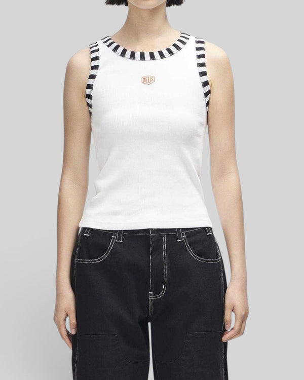 Baffle Haus Rally Shield tank in antique white ribbed cotton with contrast striped neck and armhole trim.