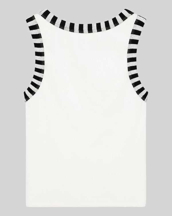 Baffle Haus Rally Shield tank top in antique white with black and white striped ribbed neck and arm trim
