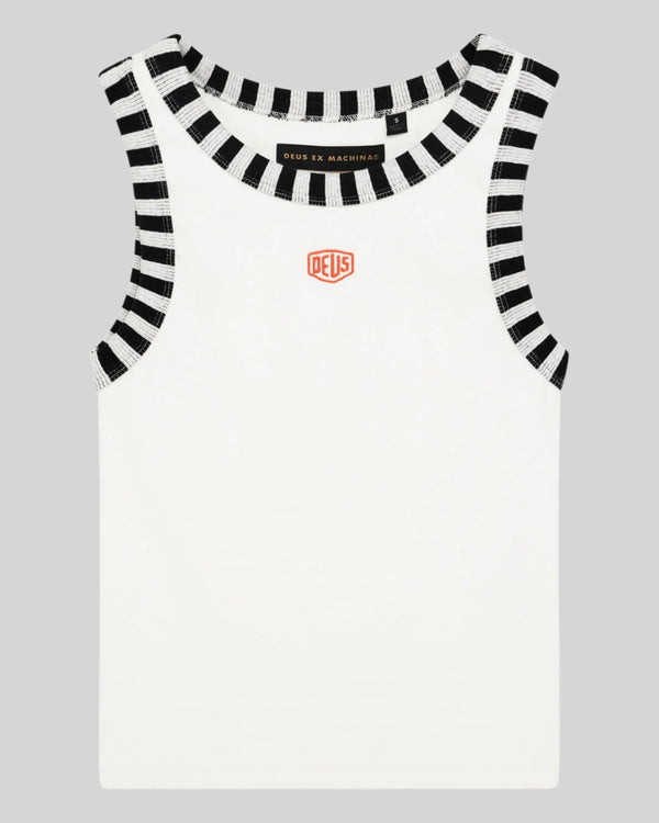 Baffle Haus Rally Shield tank in antique white with black and white striped ribbed trim and orange Deus embroidery.
