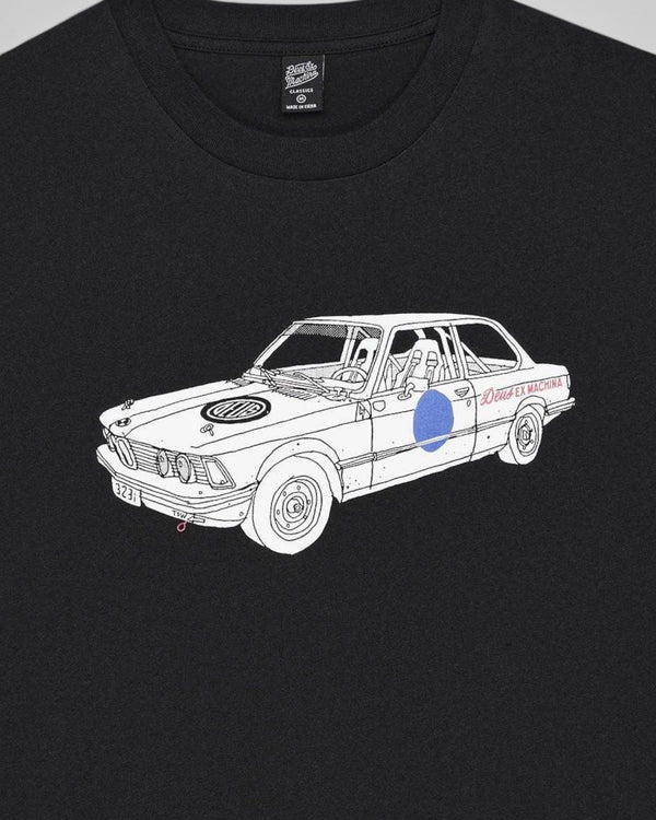Baffle Haus black organic cotton jersey t-shirt featuring a white rally car graphic print on the chest