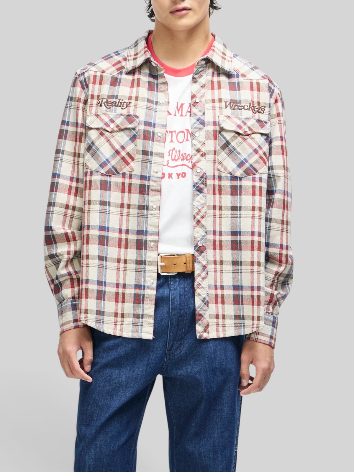 Baffle Haus Reality Wreckers check shirt in natural cotton with embroidered chest art and patch flap pockets