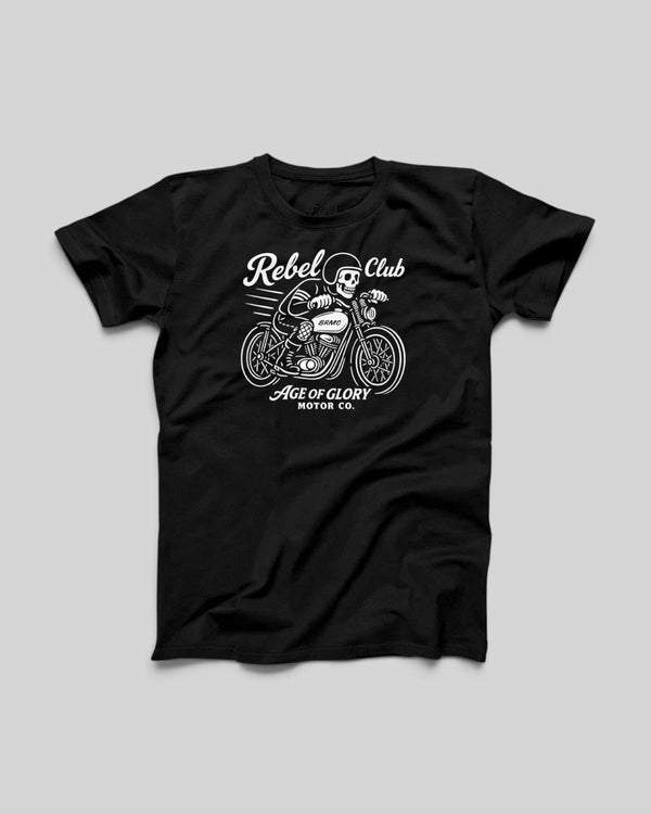 Baffle Haus black 100% cotton t-shirt featuring a vintage white screen-printed motorcycle rider graphic on the chest.