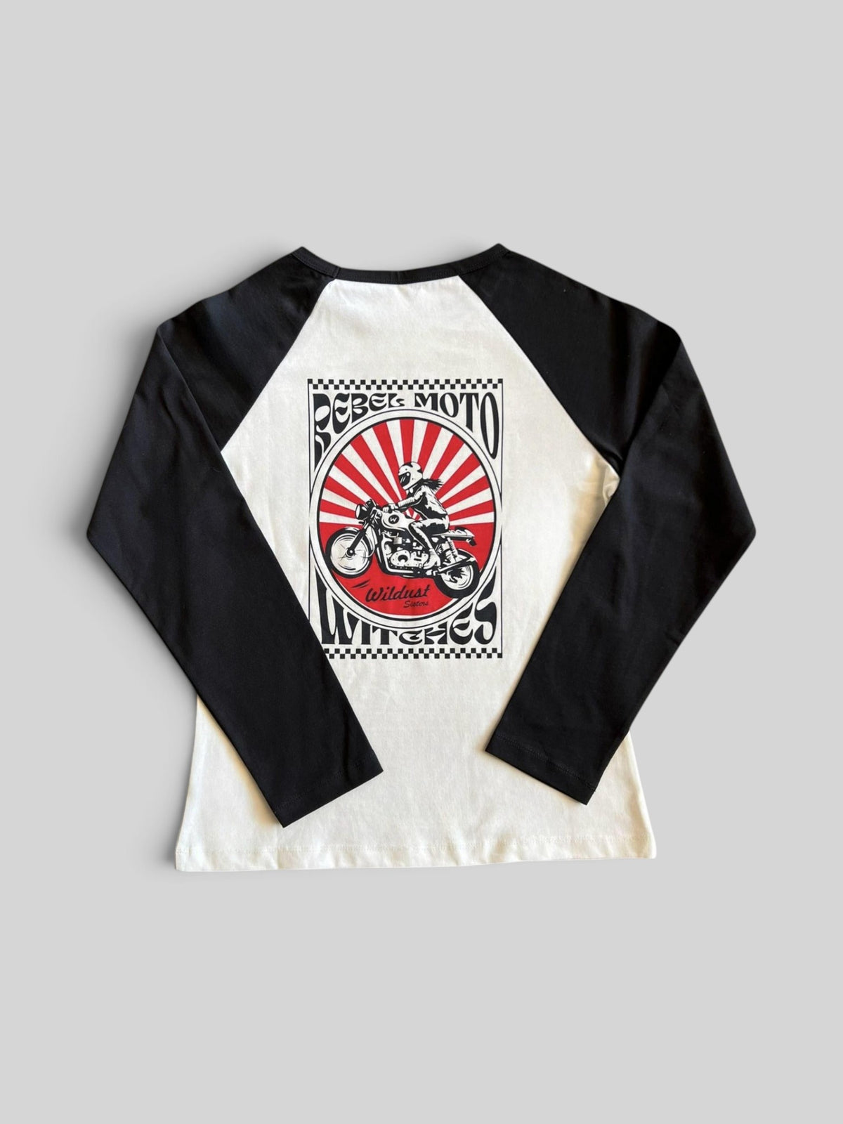Baffle Haus Rebel long sleeve baseball tee with black sleeves and a graphic print of a motorcycle on the back.