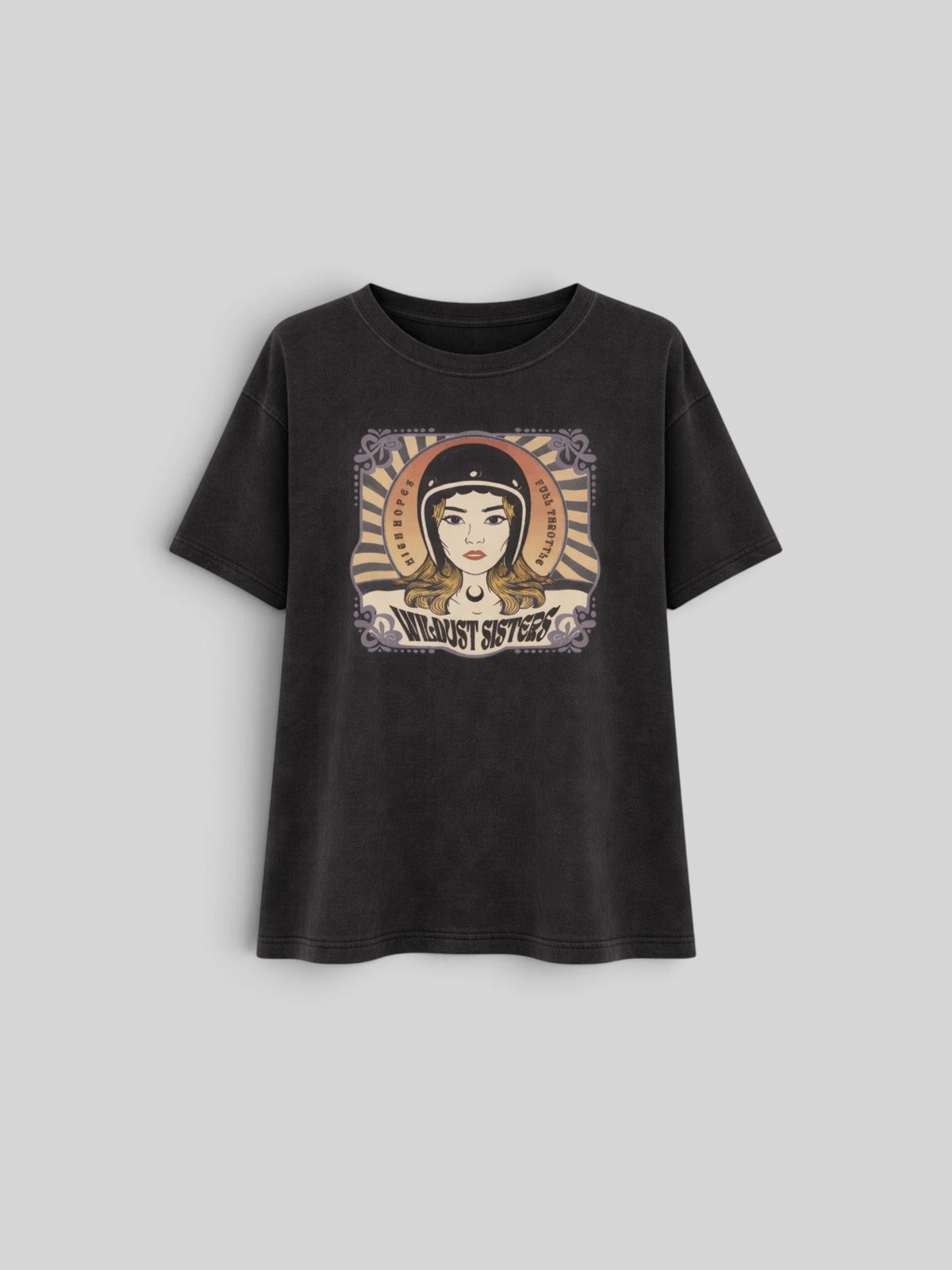 Baffle Haus Rebel Rider cotton t-shirt in washed black with a psychedelic female rider graphic print on the front.