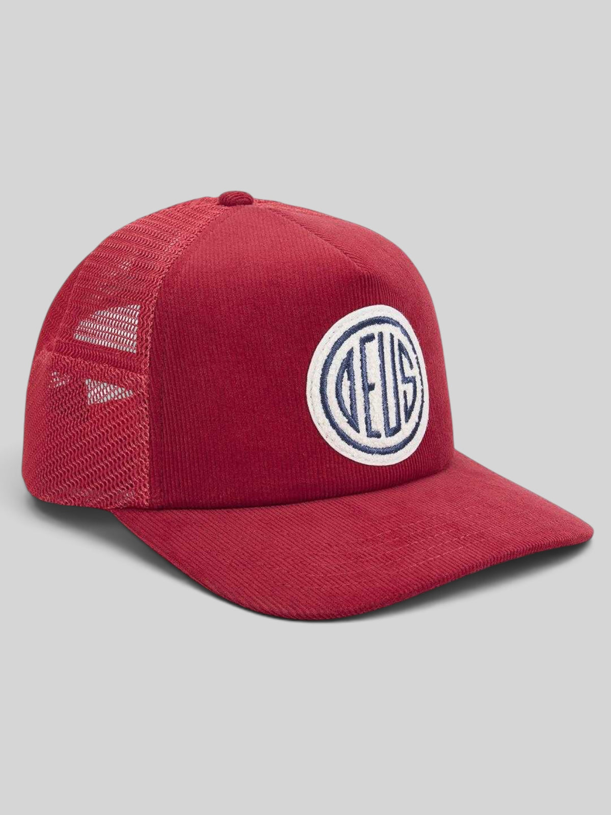 Baffle Haus Pill Cord Trucker hat in ribbon red cotton corduroy with a circular embroidered logo patch